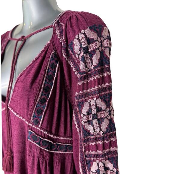 Free People All My Life Wine Embroidered Smocked Mini Dress Women’s XS Boho Chic - Picture 6 of 13